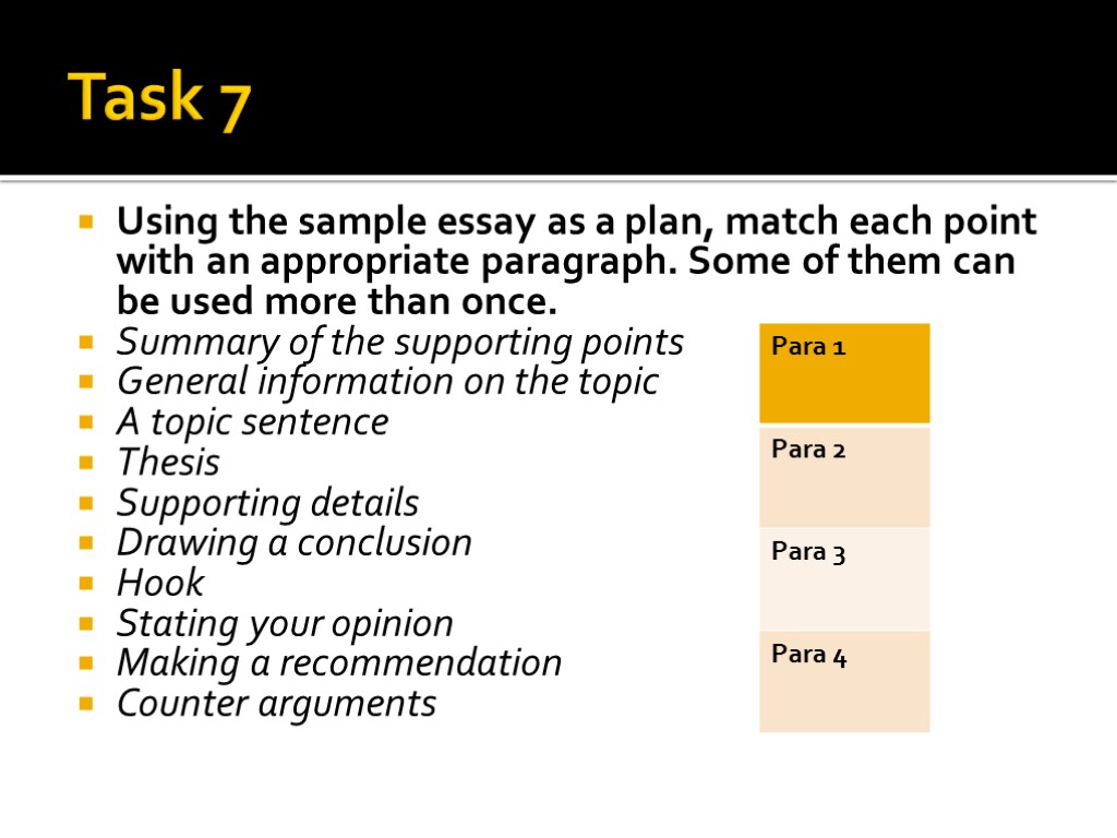 Task 7 Using the sample essay as a plan, match each point with an